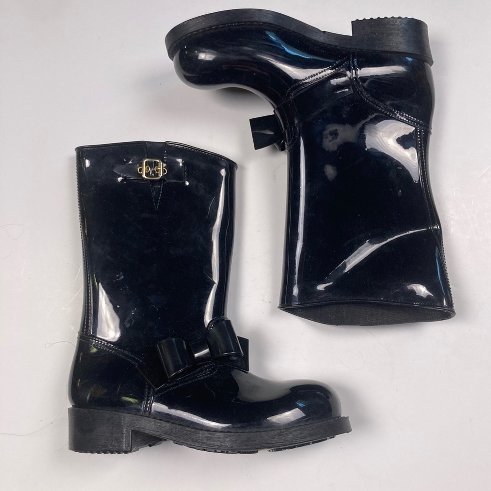 RED VALENTINO Shiny Black Rubber Mid-Calf Rainboot with Bow Detail